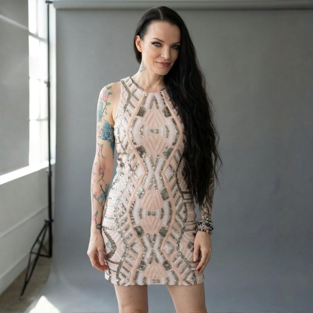 Aidan Mattox ✦ Pink Silver Sequin Geometric Mini Dress ✦ Sleeveless Cocktail 6